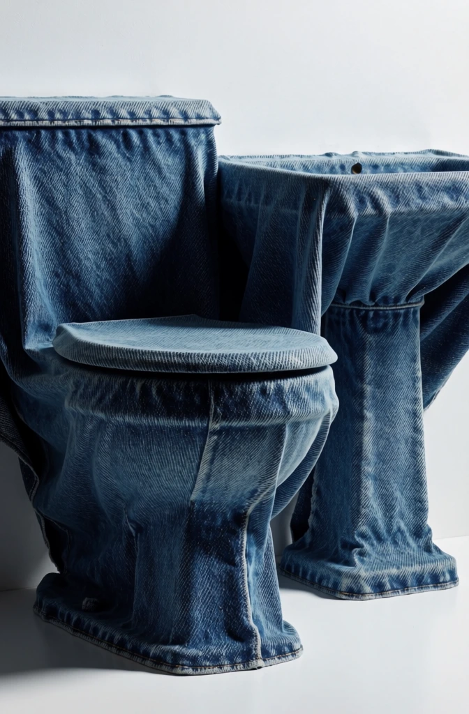 ultra-high-definition studio photograph, bathroom still life, toilet and pedestal sink, draped in a thin pliable indigo denim fabric, fabric clinging to the forms, revealing sharp contours of porcelain underneath, intricate diagonal twill weave pattern, indigo warp and white weft threads, deep blue and crisp white color palette, dramatic side lighting, deep shadows in fabric folds, surrealist minimalist aesthetic, tactile macro texture, hyper-realistic rendering.