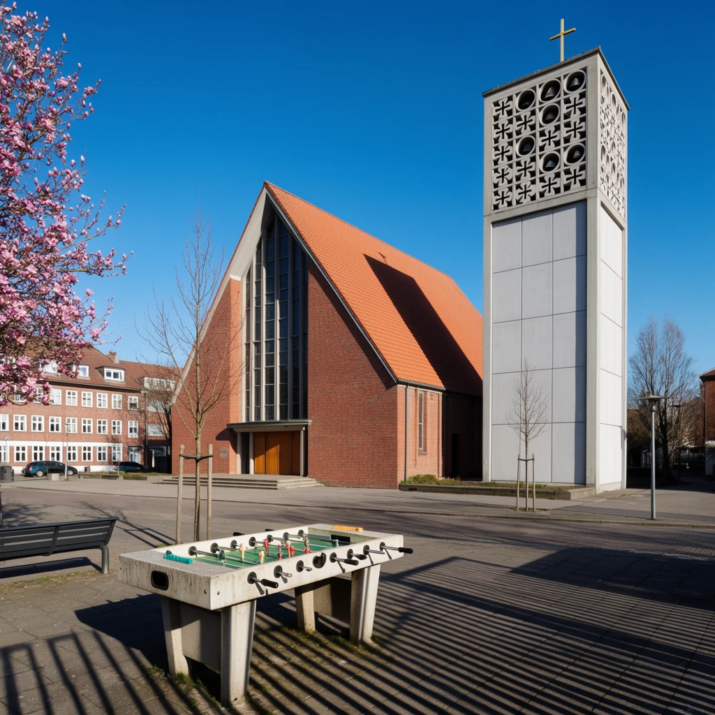 A modern red brick church with a steep terracotta-tiled roof and a tall, detached concrete bell tower stands across a paved urban plaza on a bright, sunny day. The church features a prominent, multi-paned vertical window above its wooden entrance doors. Beside it, the square tower is constructed from light grey panels and topped with intricate geometric cutouts of crosses and circles, crowned by a thin gold cross. A sharp, dark shadow from the church's peak falls onto its own sloped roof. In the foreground, the plaza holds a concrete outdoor foosball table with a green playing surface, a dark metal park bench, bare saplings, and a tree blooming with pink spring flowers on the far left edge. Strong, diagonal shadows from an unseen grating stretch dramatically across the foreground paving stones. A multi-story brick building with rows of white-framed windows lines the street in the background left. The photographic composition emphasizes sharp architectural geometry and high-contrast lighting under a perfectly clear blue sky.