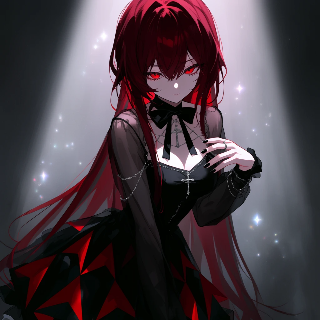 An anime-style woman with crimson hair and red eyes stands in a dramatically lit, moody environment. She wears a gothic black dress featuring red geometric skirt accents, a black collar bow, and delicate silver chain accessories with a cross. Her pale skin contrasts with sheer black sleeves. She leans forward, one hand gracefully raised near her chest with black-painted nails. A prominent spotlight pierces the hazy gray background, illuminating floating ethereal sparkles. The digital illustration uses bold chiaroscuro lighting to create an intense, melancholic atmosphere.