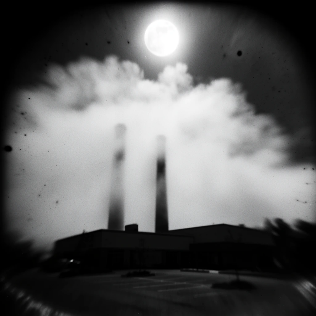 A heavily vignetted, high-contrast black-and-white photograph captures a glowing full moon above a massive cloud formation obscuring two tall smokestacks, with a flat-roofed building and an empty parking lot anchoring the foreground. The full moon acts as an intensely overexposed light source in the upper center, its blown-out white highlights bleeding into the surrounding hazy, soft-focus clouds. These thick, vaporous clouds envelope the dark, blurred silhouettes of the twin smokestacks, dissolving their vertical forms into the luminous atmospheric wash. Below, the geometric lines of the flat-roofed building and the flat expanse of the parking lot are plunged into deep, crushed black tones, merging seamlessly with the darkened lower edge of the frame. The execution utilizes a low-fidelity analog camera technique, dominated by extreme dark vignetting that forms a thick, almost circular shadow border around the scene. Pervasive coarse film grain, aggressive radial lens blur, scattered dark dust spots, and a sweeping optical soft focus heavily distort the outer elements while driving extreme visual intensity toward the bright central exposure.