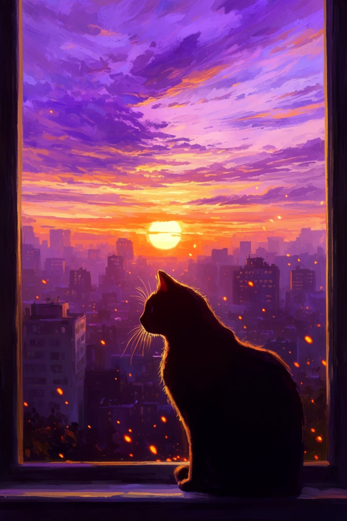 dark silhouette of a cat sitting on a windowsill in profile, vibrant purple and golden orange sunset over a dense cityscape, bright glowing sun on the horizon, sweeping textured clouds, glowing orange embers floating in the air, backlit feline with illuminated whiskers, painterly digital art style, impressionistic brushstrokes, framed by dark window edges