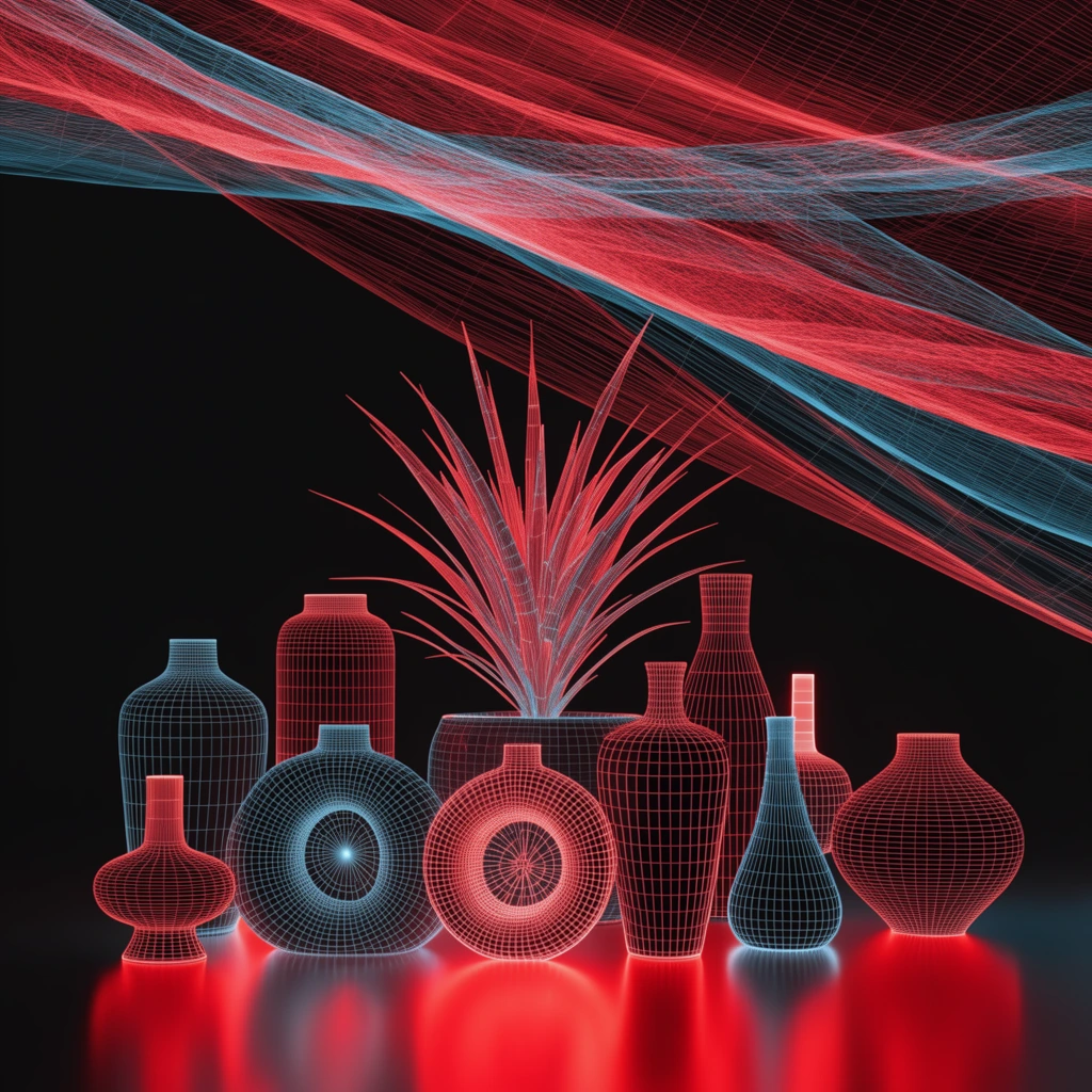 A 3D wireframe still life featuring varied vases and a central spiky plant rendered in glowing red and light blue lines against a black background. The geometric objects sit on a glossy surface casting bright red reflections. Abstract flowing webs of red and cyan lines sweep diagonally overhead.