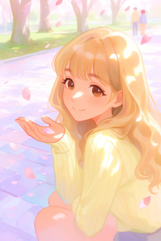 A young woman with long, wavy blonde hair smiles gently over her shoulder while catching a falling pink petal in a sunlit park. She has large warm brown eyes, peach-toned skin, and full bangs, wearing a pale yellow ribbed sweater. She sits low on light purple and blue paving stones as soft pink cherry blossom petals drift through the air around her. The soft-focus background features tree trunks, green grass, and two distant figures. The digital illustration features a soft, ethereal anime aesthetic with a pastel palette of warm pinks, yellows, and pale purples. High-key lighting creates glowing watercolor-like textures and a dreamy atmosphere, highlighted by bright dappled sunlight patterns illuminating her face and hair.