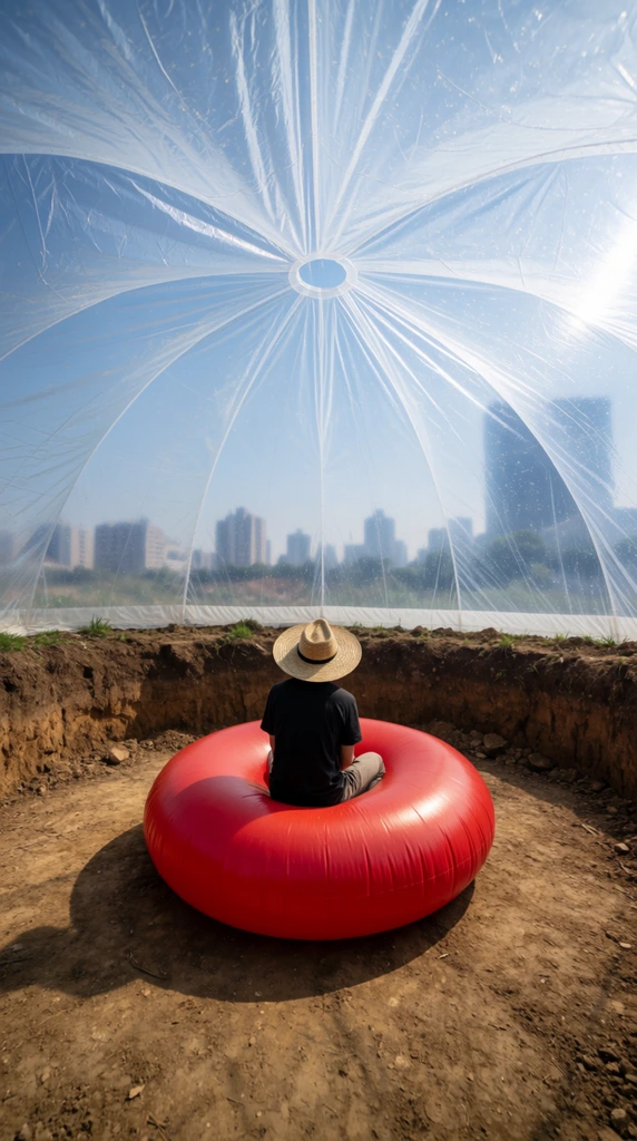 person in straw hat sitting on bright red inflatable donut inside translucent plastic dome, dirt floor, excavated earth walls, city skyline visible through wrinkled clear canopy, wide-angle shot, natural daylight