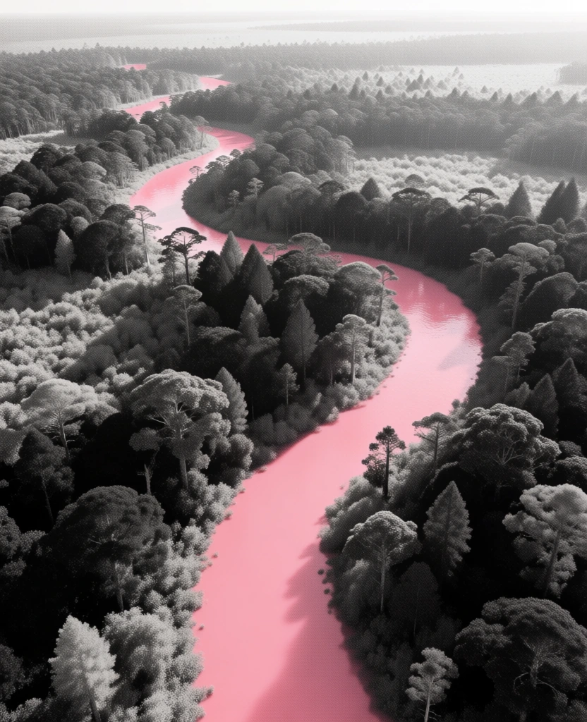An aerial view captures a vibrant, opaque pink river snaking through a vast and dense monochrome forest. The river, which serves as the central subject, is a solid and uniform shade of bright pink with no visible reflections or ripples, winding in a sharp "S" curve from the bottom foreground toward the top left of the frame. Surrounding the water is a thick canopy of trees rendered entirely in high-contrast shades of black, gray, and white, creating a stark visual juxtaposition between the natural foliage and the surreal color of the water. The trees are tightly packed, with their individual rounded tops and pointed tips creating a textured, carpet-like appearance across the landscape. The scene is presented from a high-angle perspective, looking down on the winding waterway as it recedes into the distant background toward a hazy horizon. The lighting is soft and even, highlighting the granular texture of the forest while emphasizing the flat, graphic quality of the pink river. This selective color photography technique isolates the pink hue against the grayscale environment, focusing all attention on the meandering path of the water through the wilderness.