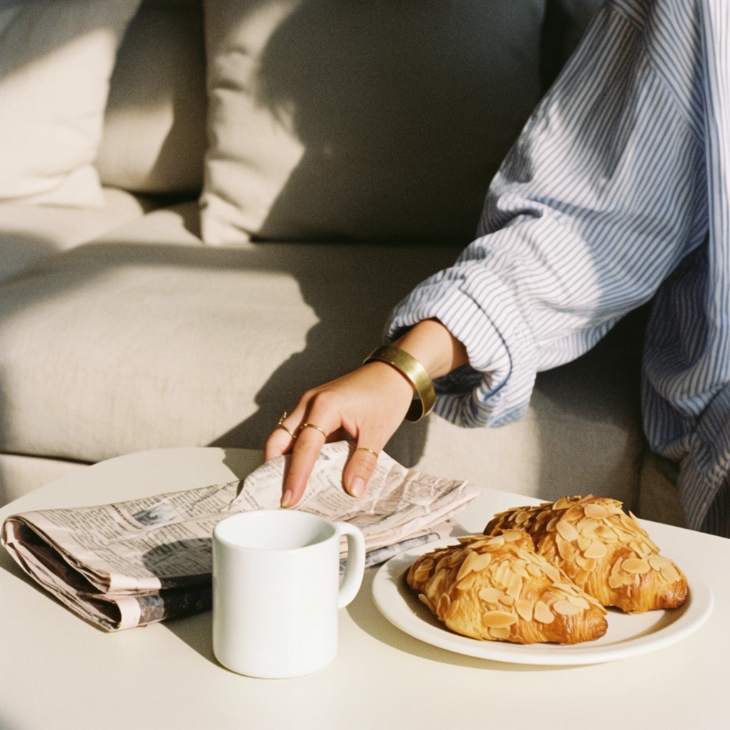 A person in a loose blue-and-white striped button-down shirt lifts a folded newspaper from a smooth white table. The cropped composition focuses on the person's hand, styled with thin gold rings and a wide brass bangle, grasping the crinkled paper. Beside the paper rests a minimalist white ceramic mug and a white plate holding two golden-brown croissants densely covered in sliced almonds. In the softly blurred background, a light beige upholstered sofa with plush pillows is partially cast in deep shade. Harsh, direct sunlight creates sharp, geometric shadows across the table and seating area. The image possesses an analog film aesthetic with prominent grain, a warm creamy color palette, and an intimate lifestyle photography framing.