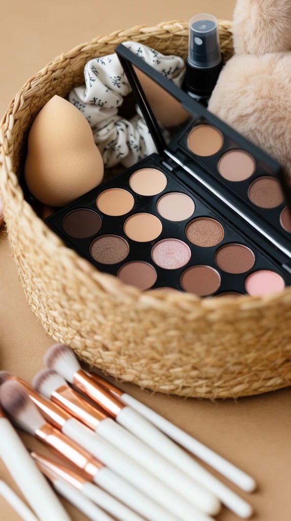 A woven straw basket sits on a tan surface, overflowing with various makeup items. The central focus is an open black eyeshadow palette containing multiple circular pans in shades of brown, beige, and soft pink. Inside the basket, a beige, teardrop-shaped makeup sponge rests on the left, while a white fabric scrunchie with a delicate black pattern and a small black spray bottle are tucked behind the palette. A fuzzy beige plush item peeks out from the right side of the basket. In the foreground, out of focus, a collection of white makeup brushes with rose gold ferrules are scattered on the surface. The scene is captured with a shallow depth of field, emphasizing the texture of the basket and the makeup palette, bathed in soft, warm, natural lighting.