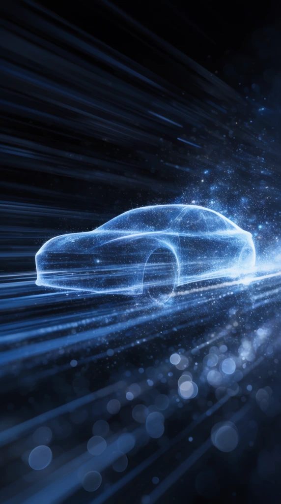A glowing blue vehicle silhouette formed by digital particles and light trails speeds through a dark void. The translucent side-profile shape cuts across horizontal motion-blurred streaks, luminous bokeh circles, and swirling starry dust. Cinematic 3D rendering and a deep cool palette emphasize intense forward momentum and an abstract technological aesthetic.