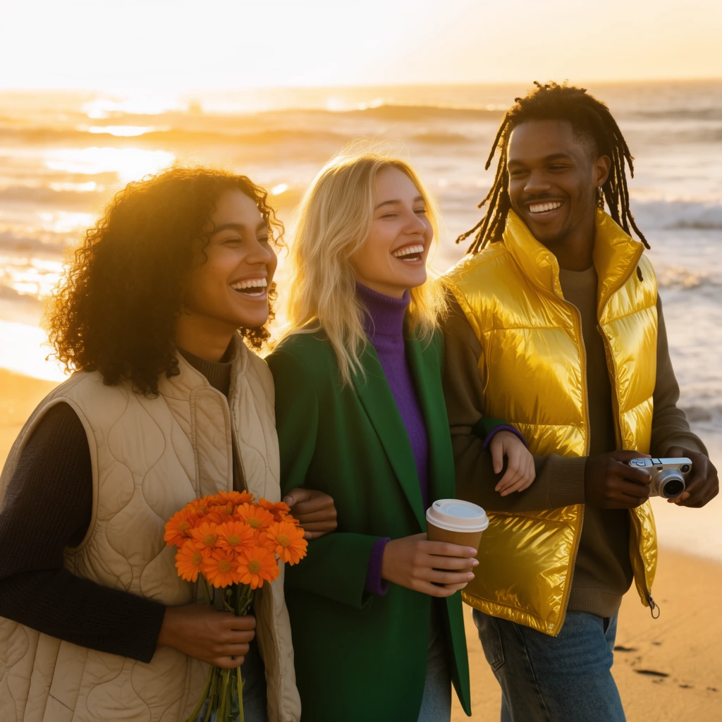 Three laughing young adults walk along a sandy beach bathed in golden hour sunlight. A woman in a beige quilted vest holds vibrant orange daisies, linking arms with a blonde woman in a green blazer and purple turtleneck who carries a coffee cup. Beside them, a man with dreadlocks wears a shiny yellow puffer vest and holds a compact camera. Strong backlighting creates a radiant rim light around their joyful expressions, emphasizing a warm color palette of gold and amber against the gently blurred rolling ocean waves.