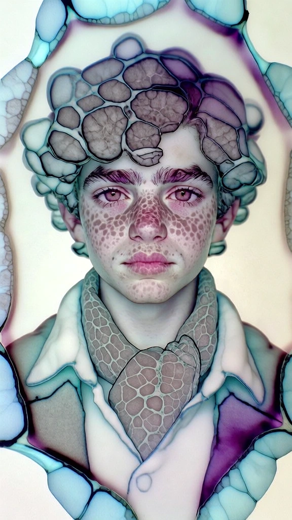 center-framed portrait of a boy from the chest up, curly hair, thick eyebrows, freckles, wearing a collared shirt, scarf, and jacket, bordered by translucent botanical fragments, styled with a microscopic histological aesthetic, biological cell-membrane textures, organic stained-glass effect, ethereal palette of watery teal, muted violet, and fleshy pink, sharp cellular outlines, soft backlighting, intricate anatomical layers, dreamlike scientific macro photography style