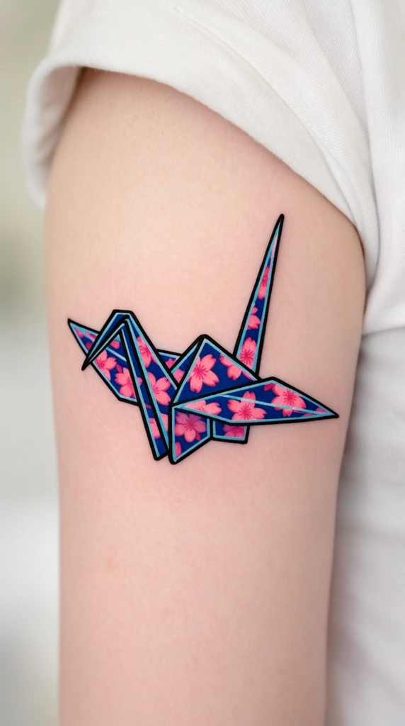 vibrant origami paper crane tattoo on a pale upper arm, geometric angular folds outlined in black and light blue, inner pattern of bright pink cherry blossoms on a dark blue background, crisp ink, white t-shirt sleeve, close-up photography, shallow depth of field, blurred pale background, soft diffused lighting