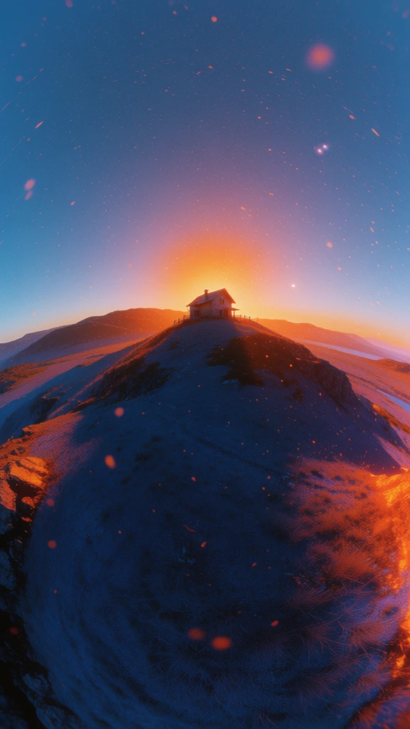 a house on a hill with rolling plains, extreme fisheye perspective creating a deep cylindrical tunnel effect, low-angle cinematic composition, lone farmhouse silhouette atop a steep rise, vast undulating landscape curving into the distance, heavy film grain and glowing atmospheric particles, complementary color palette of deep midnight blue shadows against a brilliant orange sun glowing behind the hill, warm golden light spilling from small windows, surreal and immersive sci-fi aesthetic