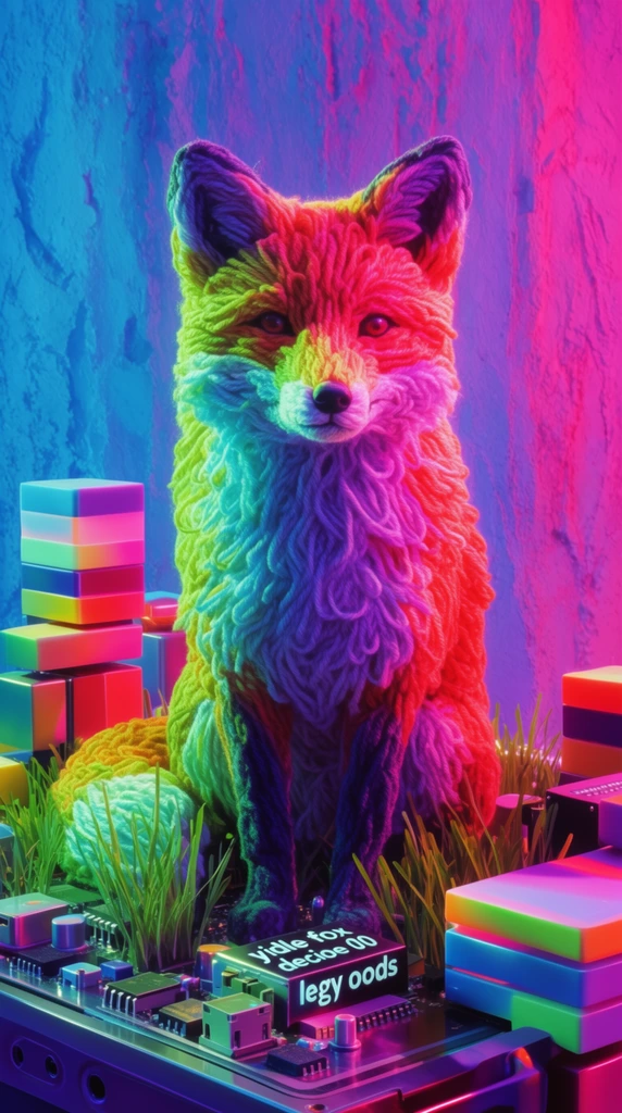 A yarn-textured fox sits centrally on an intricate electronic board interspersed with grass tufts and geometric stacked blocks, entirely bathed in extreme, high-contrast neon gel lighting. The fox's fibrous, tactile yarn surface absorbs intensely saturated directional illumination, resulting in blazing cyan and lime green highlights on the left and striking hot pink and magenta hues on the right. Deep, luminous purple shadows map the contours of the yarn, the protruding electronic components, and the surrounding structural elements. The synthetic grass blades and smooth stacked blocks reflect the vivid, synthwave-style color palette with glossy and matte interactions. Integrated into the high-definition scene are clear typographic elements displaying the exact text 'yidle fox', 'decioe 00', and 'legy oods'. The composition is tightly framed with sharp, hyper-realistic rendering and volumetric light blooms. Behind the main subjects, a roughly textured, plaster-like vertical backdrop is heavily saturated in gradients of electric blue and neon fuchsia, creating a dramatic, ultra-vivid studio atmosphere.