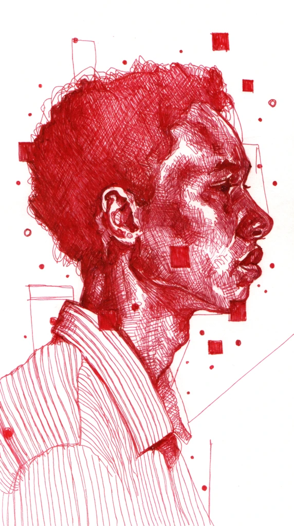 Monochrome red ink drawing of a person in profile facing right, heavily shaded with dense cross-hatching and expressive scribbles. Floating red squares, scattered dots, and thin geometric lines fragment the skin and surround the head. The subject wears a vertically striped shirt against a plain white background.
