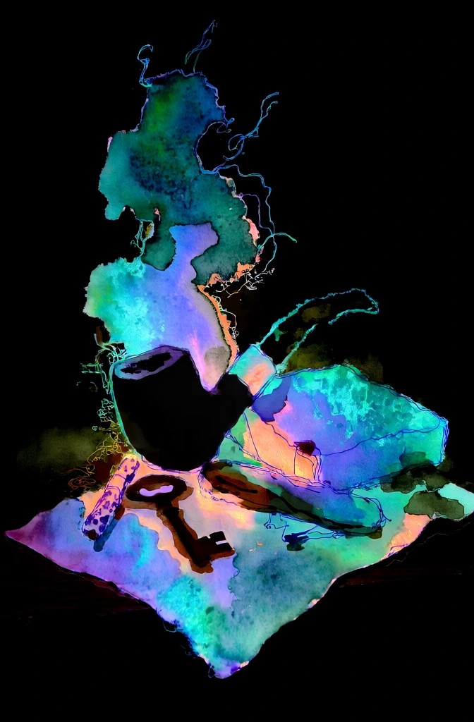 vibrant ink wash illustration of a pipe, matches, matchbox, pocket knife, skeleton key, and cigarettes on paper atop a wooden surface, depicted as luminous silhouettes filled with bleeding neon cyan and emerald watercolor blooms against a void-black background, high-contrast prismatic gradients of violet and electric magenta, organic wet-on-wet textures with bleeding edges, delicate calligraphic line-work accents, internal bioluminescent glow, ethereal mood, high-saturation mixed media.