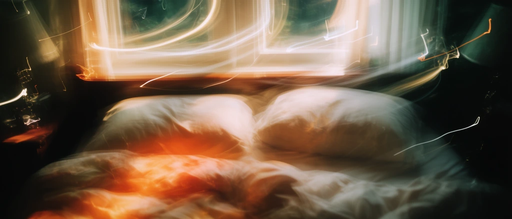 An unmade bed with two pillows positioned beneath a window, captured using extreme intentional camera movement and long-exposure photography to form a highly abstract, kinetic composition. The disheveled bedsheets and dual pillows are distorted by sweeping motion blur, dissolving the physical forms into fluid, dragged smears of warm amber, fiery orange, and crisp white light. Above the bed, the window generates intense, elongated, and curving light trails that arc across the frame in bright, glowing streaks. The high-contrast color palette pits these vibrant, luminous sweeping motions against deep, moody shadows of dark emerald and pitch black. Thin, erratic ribbons of pure white and yellow luminescence cut laterally through the scene, producing a smeary, ghosted visual texture defined by expressive light painting and dynamic optical distortion.