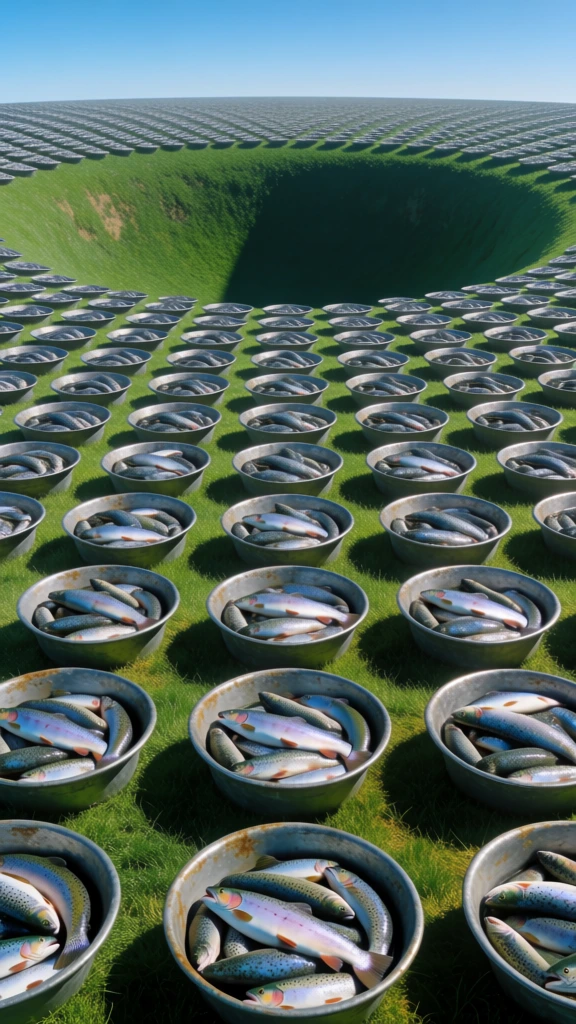 surreal high-angle perspective, vast repetitive grid of identical weathered metal basins overflowing with shimmering fresh trout tiling across a flat lawn of vibrant green grass, the landscape dramatically curves upward into a massive circular bowl-like sinkhole, sharp deep shadow cast into the crater, bright high-noon sunlight, clear blue sky horizon, hyper-realistic cgi, dreamcore aesthetic, minimalist composition, saturated greens, metallic textures.