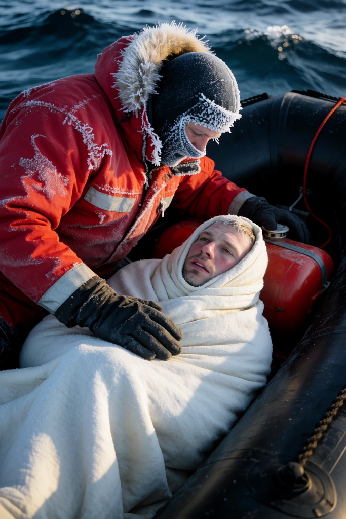 Inside a black inflatable boat on choppy dark water, a man in a frost-covered red parka and balaclava leans over a pale man tightly swaddled in a white blanket. A red fuel tank rests nearby. The close-up photograph captures freezing conditions with stark contrast between the vibrant red gear and deep oceanic blues.