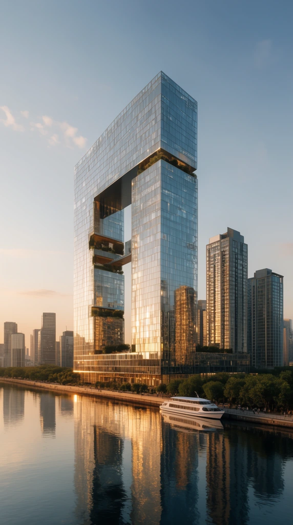 A monumental glass skyscraper featuring a massive rectangular void and skybridge stands along a calm urban waterfront at golden hour. Warm sunlight illuminates the highly reflective facades, inset green terraces, and adjacent high-rises. A tree-lined promenade and docked white passenger ferry sit at the base, while the tranquil river perfectly mirrors the glowing architecture in this photorealistic wide-angle rendering.