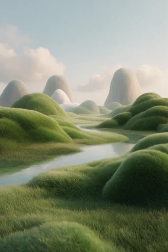 Surreal Velvet Verdancy style reference image — rolling mossy hills