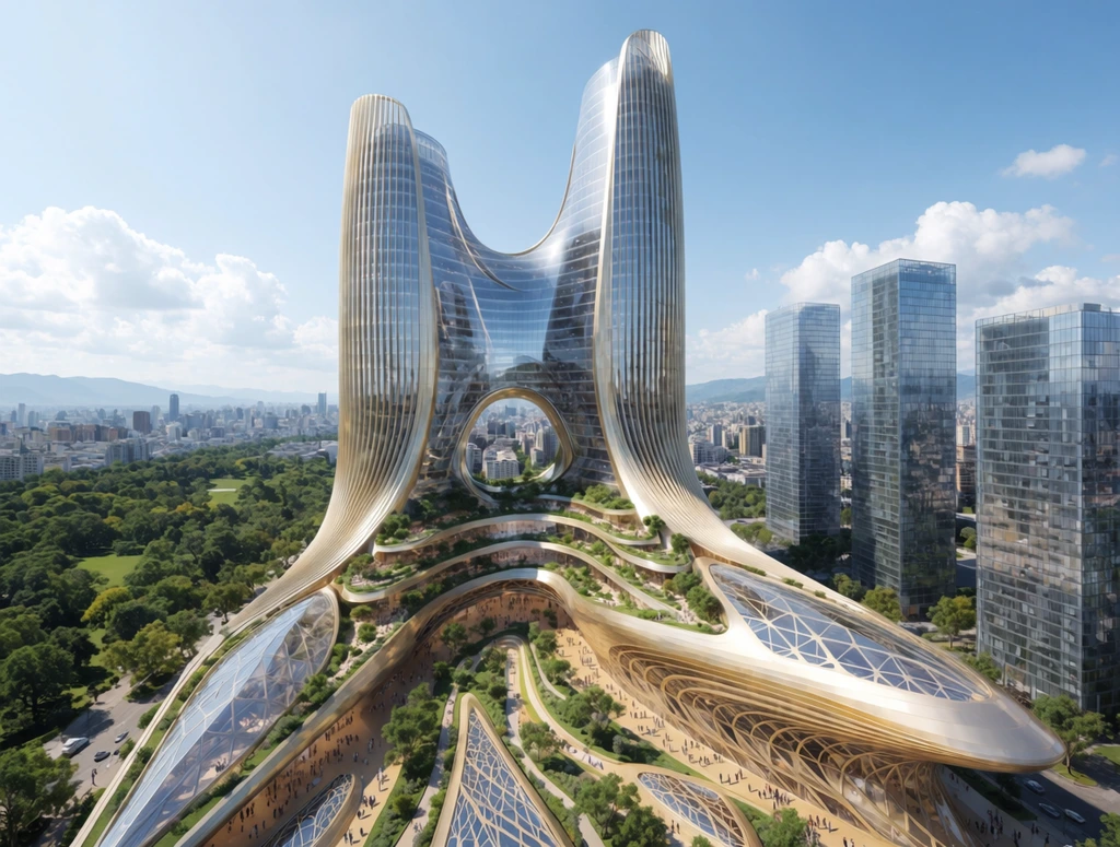 A massive futuristic skyscraper featuring two soaring towers that seamlessly merge into a sweeping organic base clad in light golden vertical fins. Expansive curved glass facades gleam within the structure's central hollow, contrasting with the fluid parametric exterior. The undulating podium comprises multiple terraced levels overflowing with lush vegetation and tiny pedestrians. Below, a vibrant plaza showcases winding pathways and angular skylights overlaid with intricate web-like structural patterns. Conventional rectangular glass high-rises stand to the right, highlighting the central building's unconventional curves. A dense green park on the left transitions into a sprawling cityscape and distant mountains under a bright blue sky. Rendered in a photorealistic architectural style from an elevated aerial perspective in crisp daylight.