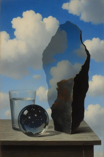 Celestial Surrealist Synthesis style reference image — Magritte-inspired surrealism