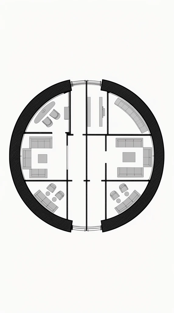 circular architectural floor plan, top-down perspective, isolated white background, thick black textured semi-circles forming outer boundary, intersecting black lines creating inner compartments, flat grey minimalist furniture shapes, technical schematic style, monochromatic palette