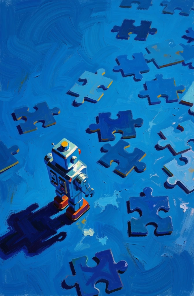 thickly layered digital impasto painting, extreme bird’s-eye orthographic perspective, a vintage toy robot holding a white daisy among scattered puzzle pieces, monochromatic cerulean color field with swirling kinetic brushwork, hard directional lighting casting elongated high-contrast indigo shadows, luminous highlights on the robot’s metallic edges, heavy textural paint application, saturated turquoise palette with warm yellow accents, expressive oil-on-canvas aesthetic