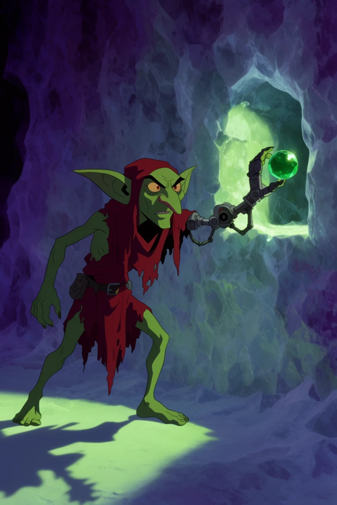 A lanky green-skinned goblin in tattered crimson rags extends a multi-jointed mechanical arm to snatch a radiant emerald sphere from a small alcove. The sharp-featured creature stands before a jagged wall of textured ice bathed in deep purple ambient shadows. Harsh bright green light spills from the opening, casting an exaggerated silhouette across the frozen floor, rendered in a cel-shaded 2D animated style with dramatic theatrical high-contrast lighting.