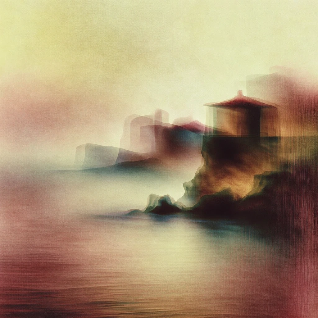 ethereal impressionistic landscape of a coastal city perched on jagged rocky cliffs, heavily textured grain, soft motion blur, hazy dreamlike atmosphere, muted vintage palette of dusty rose, sage green, and warm yellow, diffused light, layered transparent silhouettes of buildings against the sea, analog film aesthetic, painterly textures, minimalist composition, soft focus, cinematic grain, grainy film scan look, evocative of double exposure photography, textured paper finish.