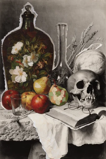 Antiquarian Surrealist Collage style reference image — mixed-media collage