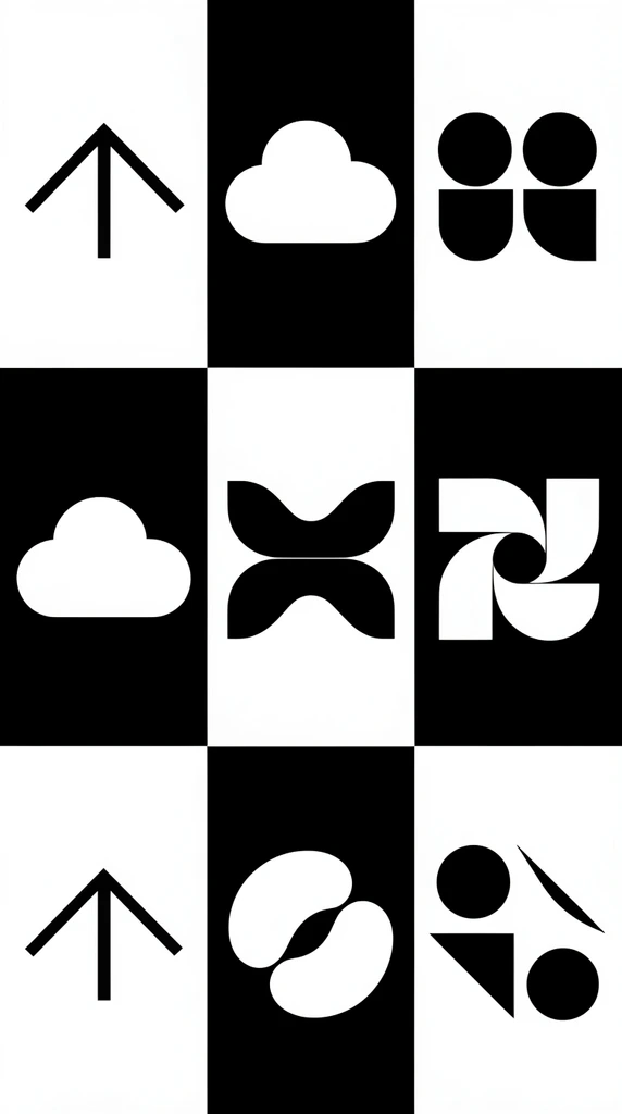 3x3 grid of black and white geometric vector shapes, alternating high-contrast square backgrounds, abstract flat design, featuring arrows, clouds, interlocking curves, dynamic negative space cutouts