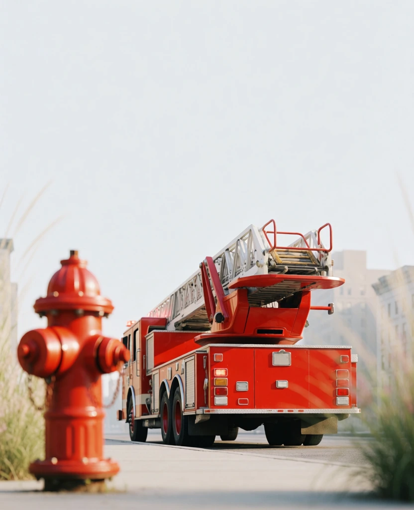 low angle street-level shot, centered vibrant red fire engine with a large folded ladder, extreme foreground features a soft-focus fire hydrant and wisps of tall grass framing the frame, background of hazy out-of-focus multi-story buildings against a stark flat overcast sky, soft diffused high-key daylight, shallow depth of field, sharp mid-ground textures, graphic saturated primary color palette, airy high-fashion editorial aesthetic, clean minimal composition, low-contrast shadows.