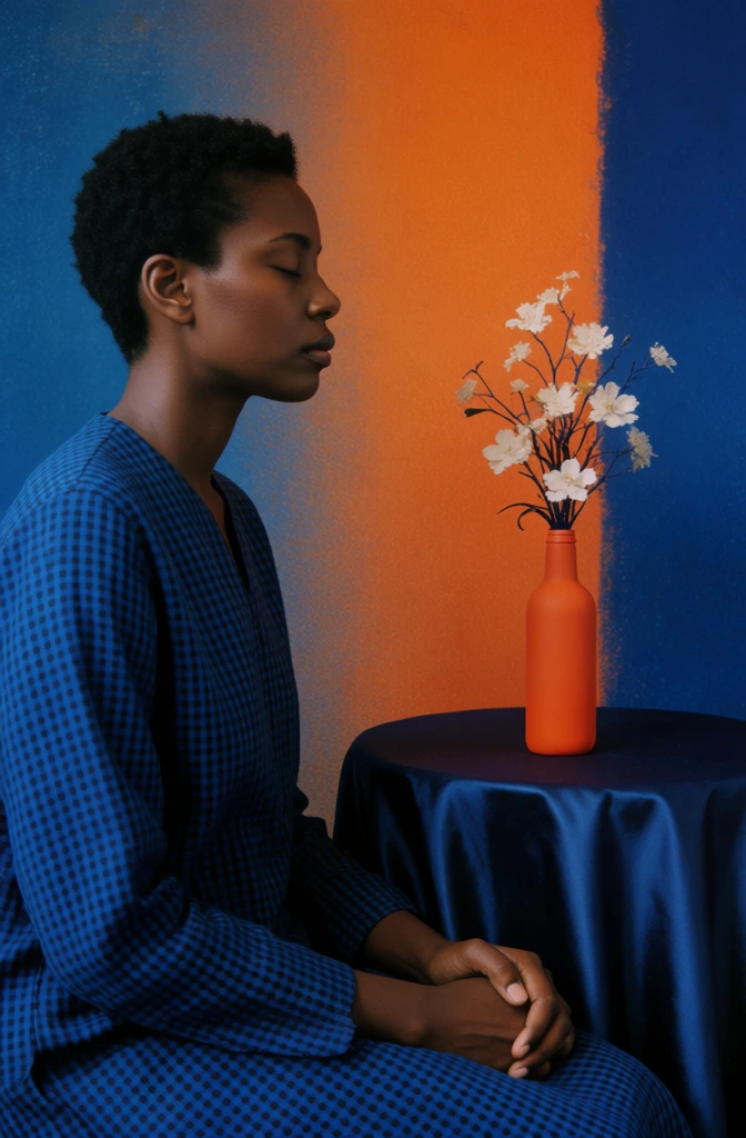 A person with short, dark, textured hair sits in profile facing left with their eyes closed, positioned against a background of bold colors. They wear a blue and black checkered long-sleeved garment, and their hands rest quietly in their lap. To the right, a small round table is draped in a dark blue, lustrous fabric that reflects light with a velvety sheen. Centered on the table is a slender, matte orange bottle holding a bouquet of delicate white flowers on thin, dark stems. The backdrop is a textured wall divided into vertical segments, featuring a deep blue section on the left, a wide stripe of vibrant orange in the middle, and another deep blue section on the right. The lighting is soft and directional, highlighting the contours of the person's face and the rough texture of the painted wall. The camera angle is a straight-on profile shot at eye level, capturing the subject from the waist up. The color palette is dominated by saturated blues and oranges, and the image possesses a fine-grained, filmic quality.