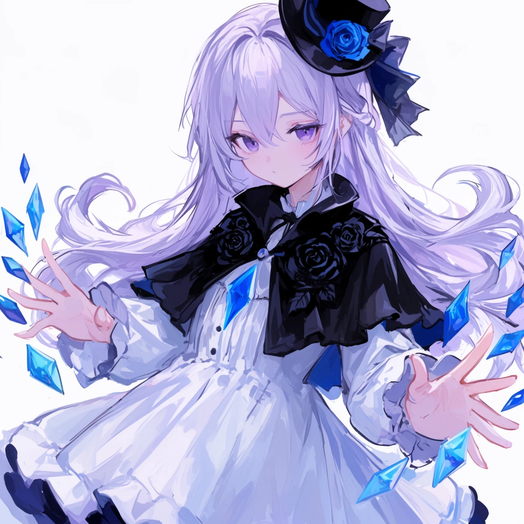 An anime-style illustration of a young girl with flowing pale lavender hair and purple eyes against a solid white background. She wears a ruffled white dress, a black capelet with dark rose motifs, and a tilted mini top hat featuring a blue rose. Luminous blue diamond-shaped crystals float dynamically around her outward-reaching hands. The painterly rendering emphasizes a cool color palette, delicate shading, and crisp linework.