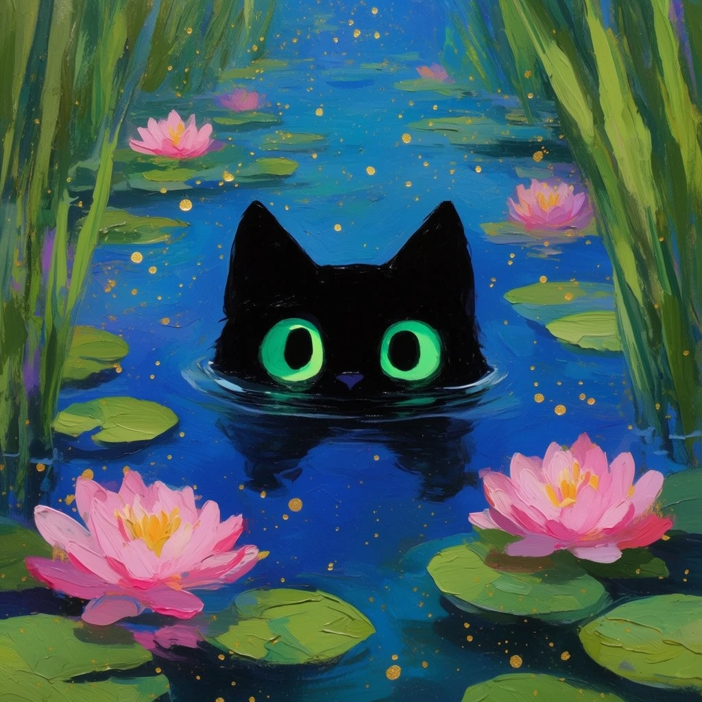 submerged black cat peering above water surface, large glowing green eyes, deep blue pond, blooming pink water lilies, flat green lily pads, tall green reeds framing the edges, floating golden speckles, thick impasto acrylic painting, visible expressive brushstrokes, vibrant whimsical illustrative style