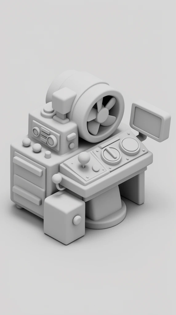 An isometric monochrome grey 3D clay render of a complex mechanical workstation. The untextured matte model features geometric components including a circular fan, spherical buttons, dials, and a side monitor. Soft top-down lighting casts smooth ambient occlusion shadows against a seamless neutral background.