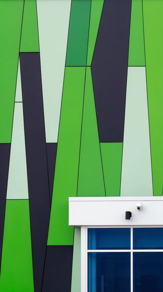 A modern architectural exterior wall features an asymmetric geometric pattern of vibrant green and dark panels above a minimalist window section. The facade is clad in irregular, vertically oriented trapezoidal plates alternating between bright lime green, pale mint, and deep charcoal. Precise, thin dark seams separate each angular plate, creating a dynamic rhythm across the flat surface. In the lower right corner, this jagged pattern is abruptly interrupted by a stark white rectangular fascia overhanging deep blue glass windows divided by crisp white mullions. A small black cylindrical light fixture and a white dome security camera are mounted on the white overhang. The composition utilizes a flattened, orthographic perspective with even, diffused lighting to emphasize the abstract, high-contrast geometric blocks of color.