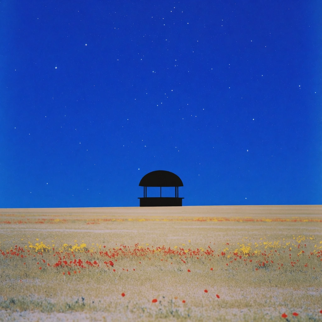 a minimalist surrealist landscape featuring a deep black silhouette of a dome-shaped kiosk overlooking a vast savanna, set against a saturated cobalt blue sky with tiny white twinkling stars, vibrant pops of red and yellow wildflowers in the sharp foreground, high-contrast flat lighting, retro analog film aesthetic with fine grain, clean graphic composition, bold primary colors, dreamlike atmosphere.