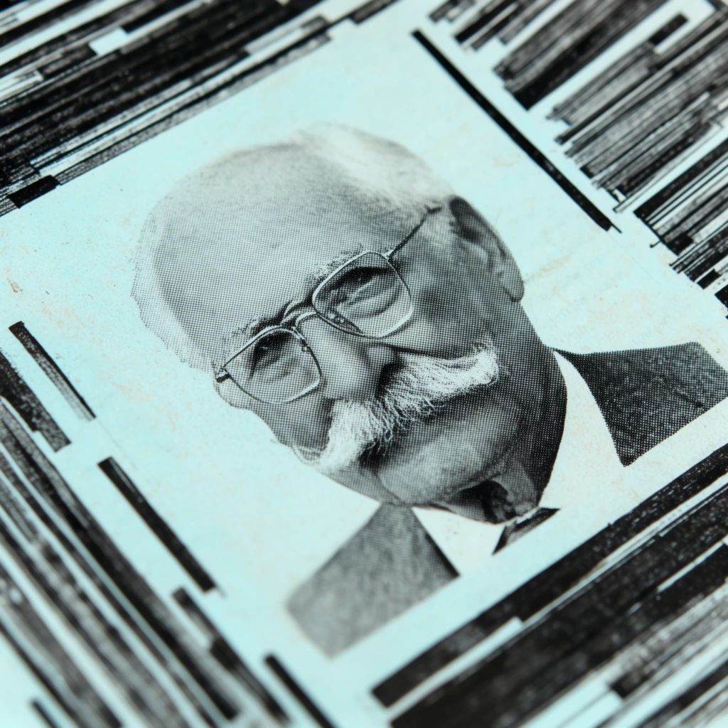 A close-up of an aged, pale cyan broadsheet featuring a central halftone portrait of an elderly man with a thick mustache and wire-rimmed glasses. The dotted black-and-white photograph is framed by an abstract layout of dense, linear ink blocks arranged in sharp diagonal bands. Captured with a shallow depth of field, the textured paper keeps the man's face in sharp focus while the surrounding dark blocks blur softly toward the outer edges under bright, high-contrast lighting.