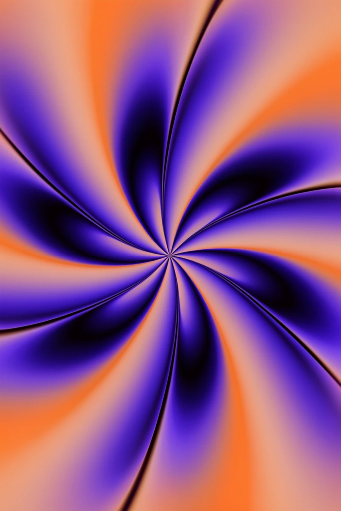 abstract spiraling digital art, symmetrical pinwheel composition, radiating curved forms converging at center, deep indigo and electric purple shapes, warm peach and bright orange gradients, sharp dark defining lines, smooth fluid blending, high contrast optical illusion