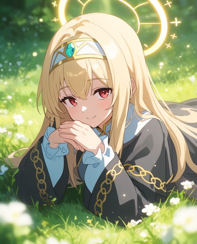 An anime-style illustration of a pale-blonde young woman resting in a sunlit meadow. Lying on her stomach with hands clasped near her chin, she gazes forward with red eyes and a soft smile. Her dark gray habit features gold interlocking ring patterns, light blue under-sleeves, and ruffled white cuffs. A white and gold headband with a teal gemstone and a brightly glowing golden halo with small cross motifs frame her head. Dappled sunlight and floating light particles illuminate the lush green grass and small white blossoms. A shallow depth of field blurs the foreground flowers, drawing focus to her softly shaded face in the brightly lit digital rendering.