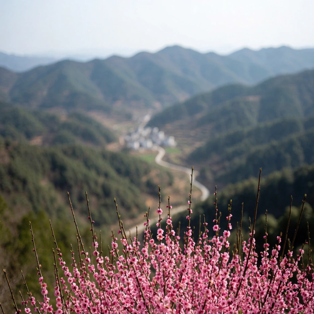 vibrant pink blossoming plants in sharp foreground focus, out-of-focus rolling green mountains, distant village, winding valley road, hazy sky, shallow depth of field, natural lighting