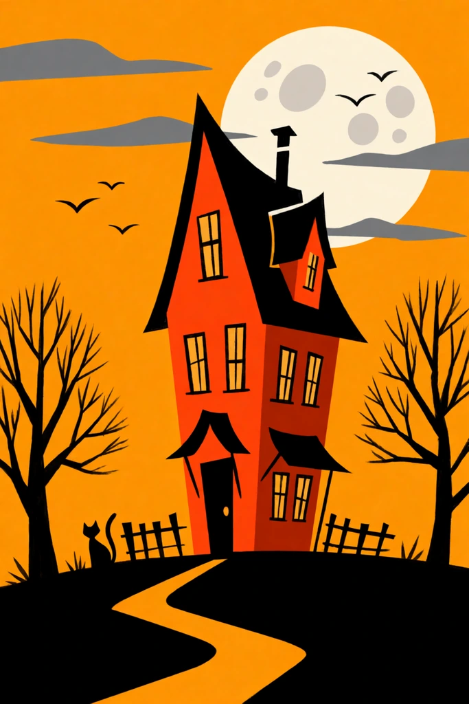 tall stylized narrow orange house with steep black roofs, mid-century modern illustration, bright orange sky, large pale full moon, flat grey clouds, winding yellow path, black silhouette of a cat by a low wooden fence, bare black tree silhouettes, flying birds, retro spooky aesthetic, bold color blocking