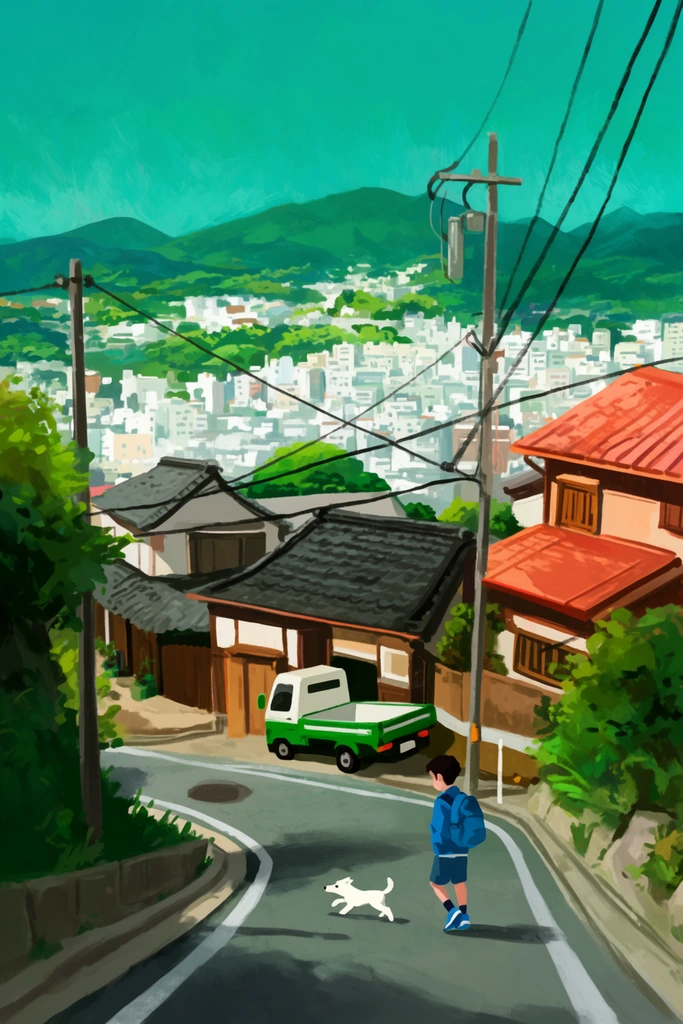 A serene digital painting captures a steep suburban street overlooking a sprawling city in a valley beneath a vibrant teal sky. A boy in a blue jacket and backpack walks down the curving asphalt road while a small white dog bounds across the street. A green and white truck is parked near traditional houses with reddish-orange and dark grey tiled roofs. Black power lines crisscross overhead from a tall utility pole, framed by green foliage. The distant cityscape features dense clusters of white buildings against rolling green mountains. Expressive brushstrokes and saturated colors define the sunlit scene.