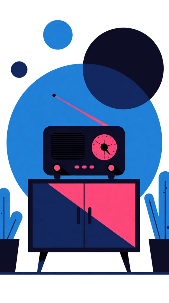 A minimalist vector illustration of a dark retro radio with vibrant pink dials resting on a mid-century credenza. Sharp diagonal shadows split the cabinet into navy and pink sections. Stylized blue potted plants frame the furniture against a white background composed of large, abstract blue and dark navy geometric circles.