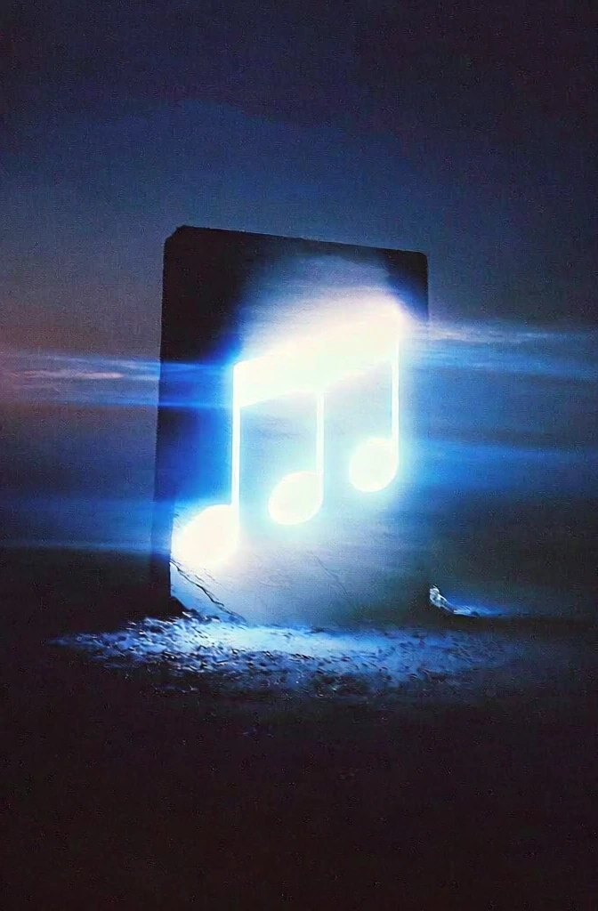 a large glowing rectangular monolith standing in a dark void, three connected beamed musical notes as blinding white emissive shapes centered on the face, intense volumetric bloom, cyan horizontal anamorphic light streaks, heavy analog film grain, deep indigo palette, localized cyan light spill on a grainy ground, soft halation, ethereal mysterious atmosphere, high contrast lo-fi retro-futuristic aesthetic, minimalist centralized composition, soft-focus dreamcore texture