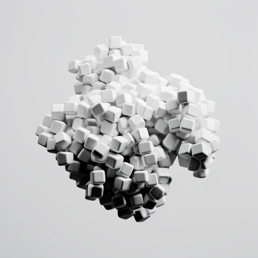A floating, fragmented geometric mass formed by dense clusters of smooth, rounded white cubes. Set against a seamless light gray background, the minimalist monochromatic 3D render features soft, diffused lighting and deep contrasting shadows within the crevices.