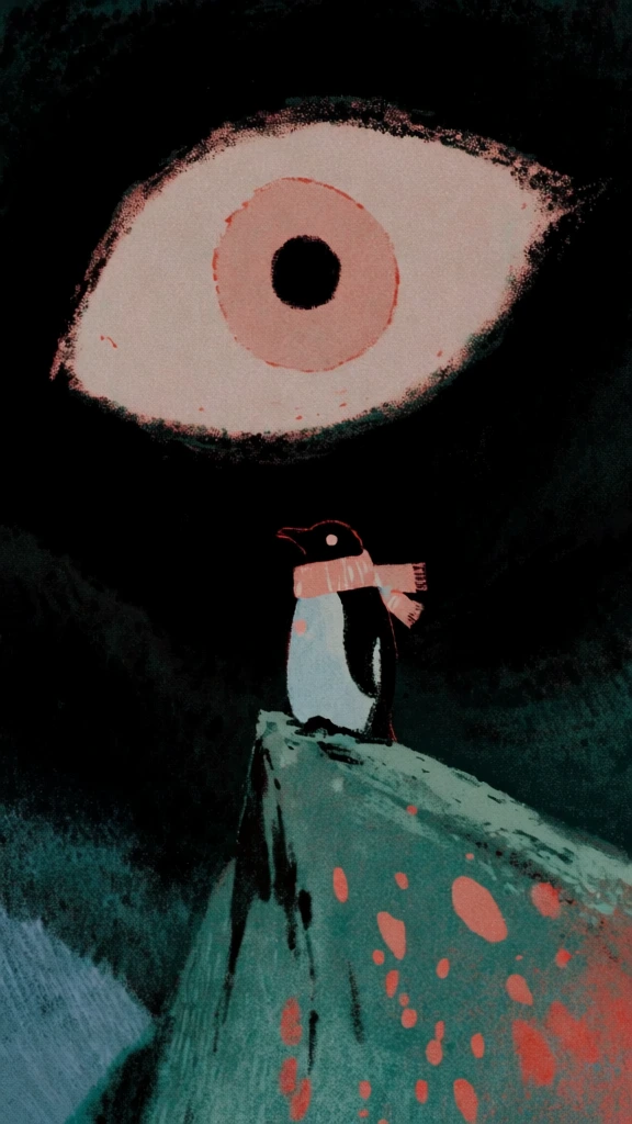 minimalist illustration of a penguin wearing a scarf sitting on a sharp rocky peak, a giant stylized eye with a dusty pink iris dominates a grainy charcoal sky, risograph print aesthetic, stippled paper edges, muted palette of deep teal with coral red speckles, low-angle diagonal composition, flat graphic silhouettes, vintage screenprint style, heavy film grain, eerie surreal atmosphere, hand-crafted paper cutout feel, high contrast, atmospheric depth.