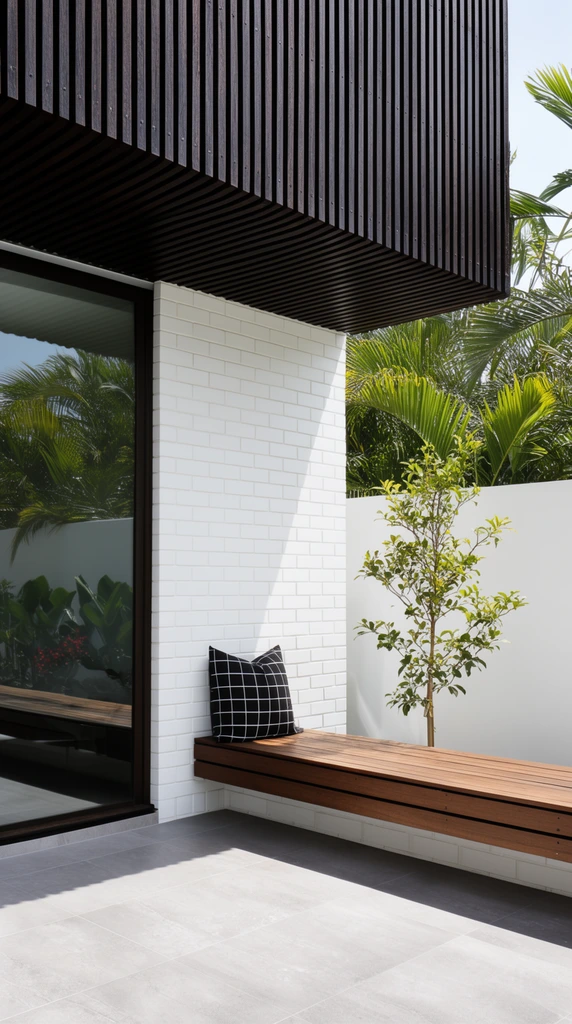 modern architectural patio, dark slatted wood overhang, white brick walls, built-in wooden bench, glass door reflecting tropical foliage, white privacy wall, small tree, black and white grid pillow, grey floor tiles, bright daylight, hard shadows